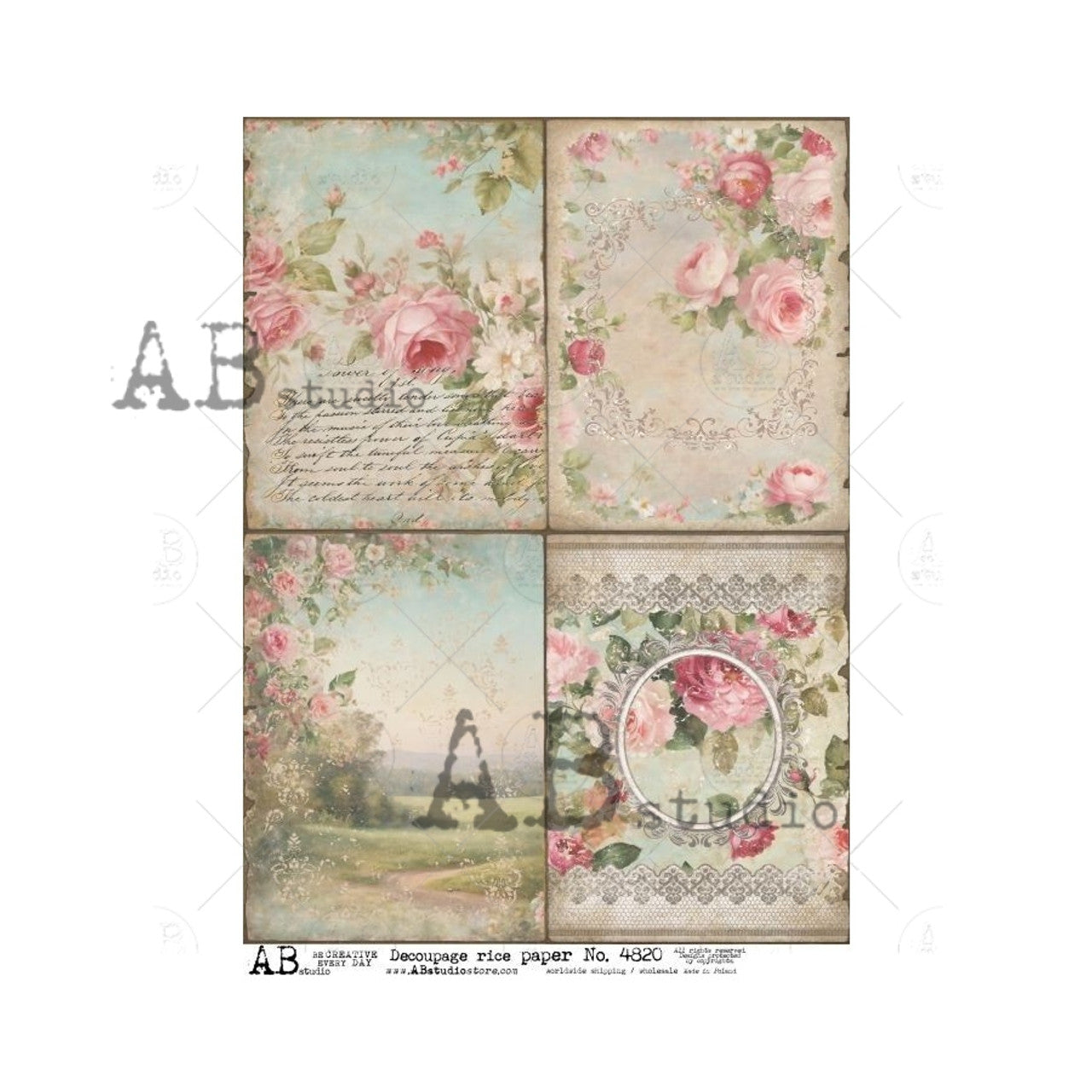 Decoupage Paper - ABstudio - A4 - AB4820 - Four Shabby Chic Easter Spring Roses Scene
