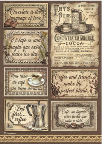 Decoupage Paper - Stamperia - A4 - DFSA4826 - Coffee & Chocolate - Labels - Rice Paper