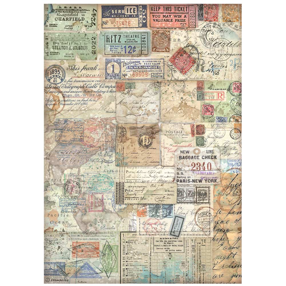 Decoupage Paper - Stamperia - A4 - DFSA4978 - Art of Travelling -Tickets - Rice Paper