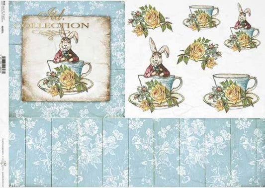 Decoupage Paper - ITD - A3 - R0427 - Teacup Blue Flowers - Rice Paper