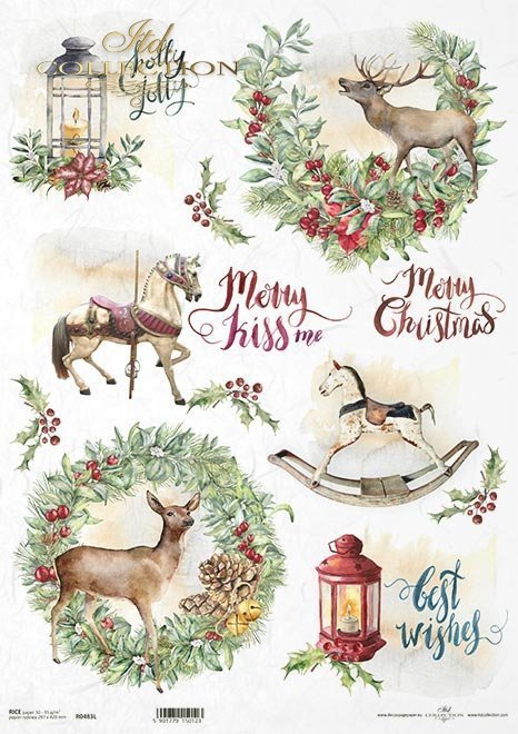 Decoupage Paper - ITD - A3 - R0483 - Christmas Wreath Deer Rocking Horse - Rice Paper