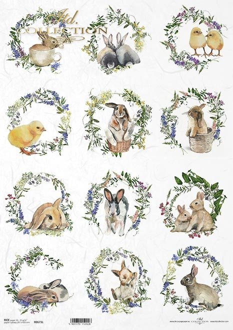 Decoupage Paper - ITD - A3 - R0673 - Animal Set of 12 with Wreath - Rice Paper
