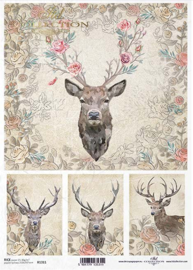 Decoupage Paper - ITD - A4 - R1311 - Deer Heads and Flower Cards - Rice Paper