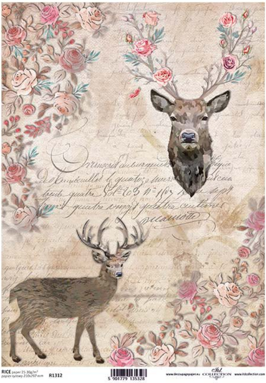 Decoupage Paper - ITD - A4 - R1312 - Vintage Script with Flowers and Deer - Rice Paper