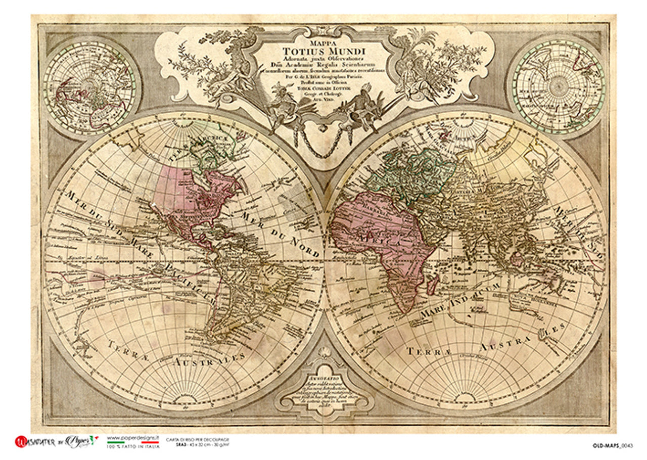 Decoupage Paper - Paper Design - A4 - Old Maps PD0160 - Mappa Totius Mundi Old World Map - Rice Paper