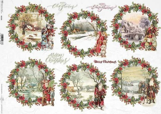 Decoupage Paper - ITD - A3 - R0328 - Christmas Wreaths with Santas - Rice Paper