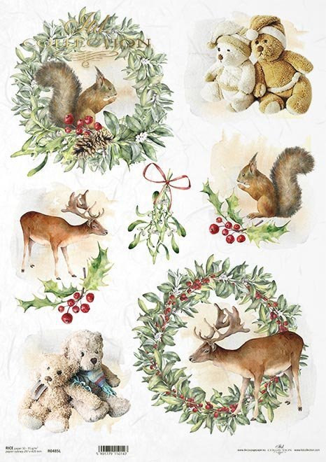 Decoupage Paper - ITD - A3 - R0485 - Christmas Wreath Squirrels Deer - Rice Paper