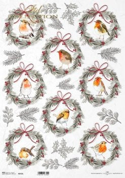Decoupage Paper - ITD - A3 - R0759- Wreaths with Robins - Rice Paper