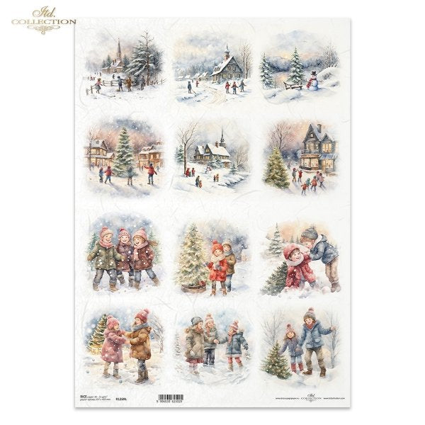Decoupage Paper - ITD - A3 - R1269 - Winter Scenes & Children Set of 12 - Rice Paper