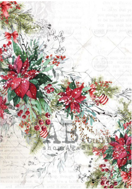 Decoupage Paper - ABstudio - A4 - AB0314 - Poinsettia and Text - Rice Paper