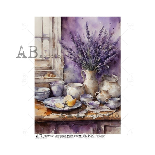 Decoupage Paper - ABstudio - A4 - AB5020 - Watercolor Lavender Table Setting - Rice Paper