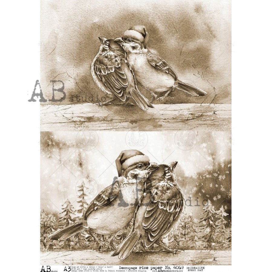 Decoupage Paper - ABstudio - A3 - AB4069 - Sepia Loving Birds - Rice Paper