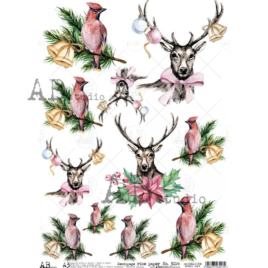 Decoupage Paper - ABstudio - A3 - AB3114 - Cardinals and Deer with Pink Bows - Rice Paper