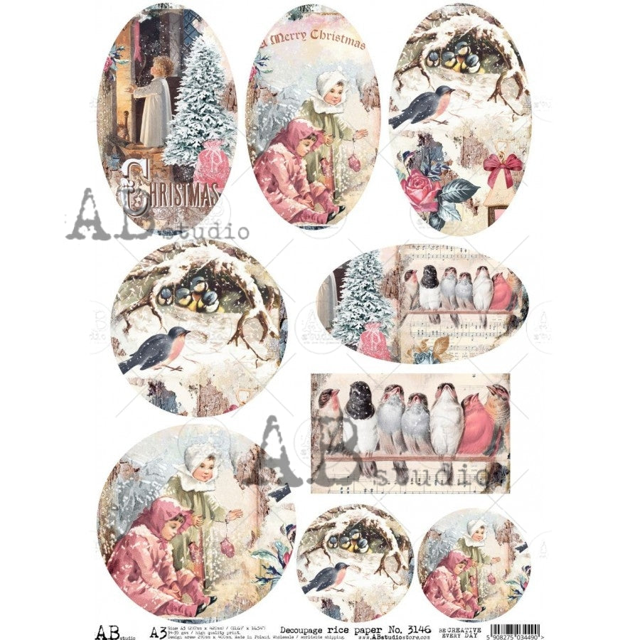 Decoupage Paper - ABstudio - A3 - AB3146 - Winter Birds and Children Medallions - Rice Paper
