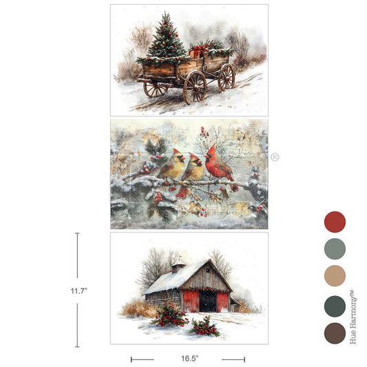 Decoupage Paper - Redesign - 11.7" x 16.5"(A3)-Set of 3 - Christmas in the Countryside