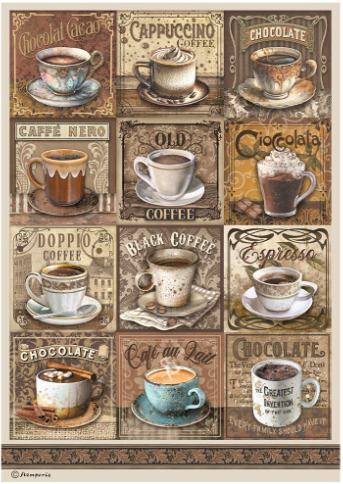 Decoupage Paper - Stamperia - A4 - DFSA4822 - Coffee & Chocolate - Tags with Cups - Rice Paper