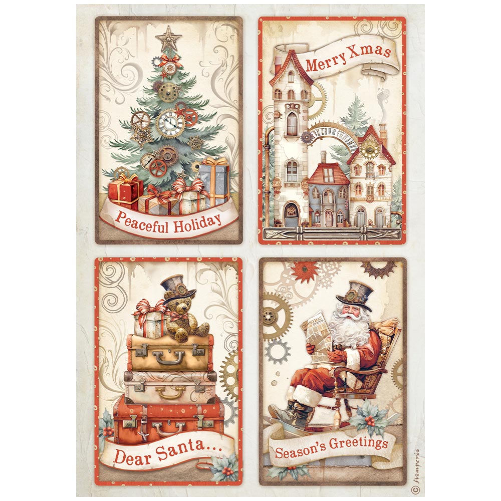 Decoupage Paper - Stamperia - A4 - DFSA4935 - Gear up for Christmas - 4 Cards - Rice Paper