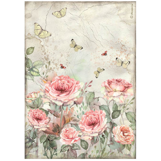 Decoupage Paper - Stamperia - A4 - DFSA41019- House of Roses - Roses and Butterfly - Rice Paper