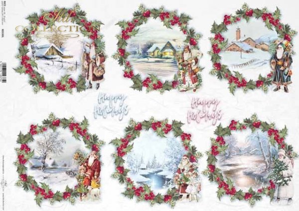 Decoupage Paper - ITD - A3 - R0330 - Christmas Wreath Happy Holiday 6 Set - Rice Paper