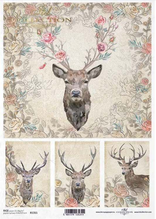 Decoupage Paper - ITD - A4 - R1311 - Deer Heads and Flower Cards - Rice Paper