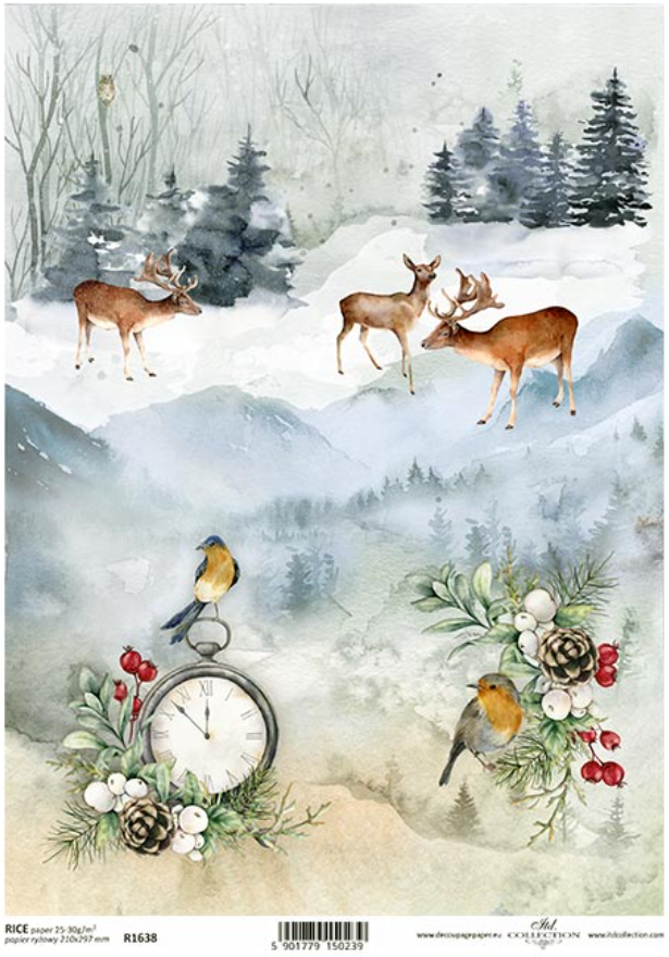 Decoupage Paper - ITD - A4 - R1638 - Birds and Moose - Rice Paper