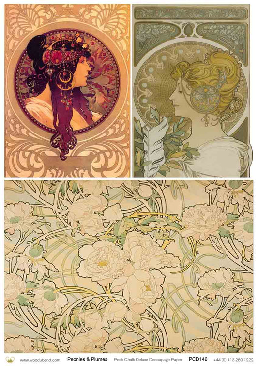 Decoupage Paper - Posh - PCD146 - Peonies and Plumes - A3 (11.7"x16.5") Rice Paper