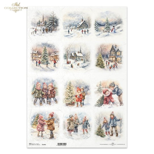 Decoupage Paper - ITD - A3 - R1269 - Winter Scenes & Children Set of 12 - Rice Paper