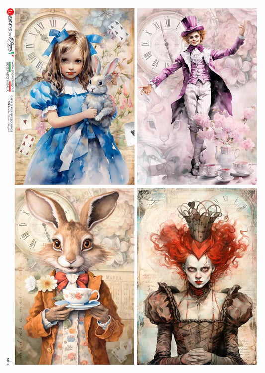 Decoupage Paper - Paper Design - A4 - PD SET 1  - Alice in Wonderland 4 Pack - Rice Paper