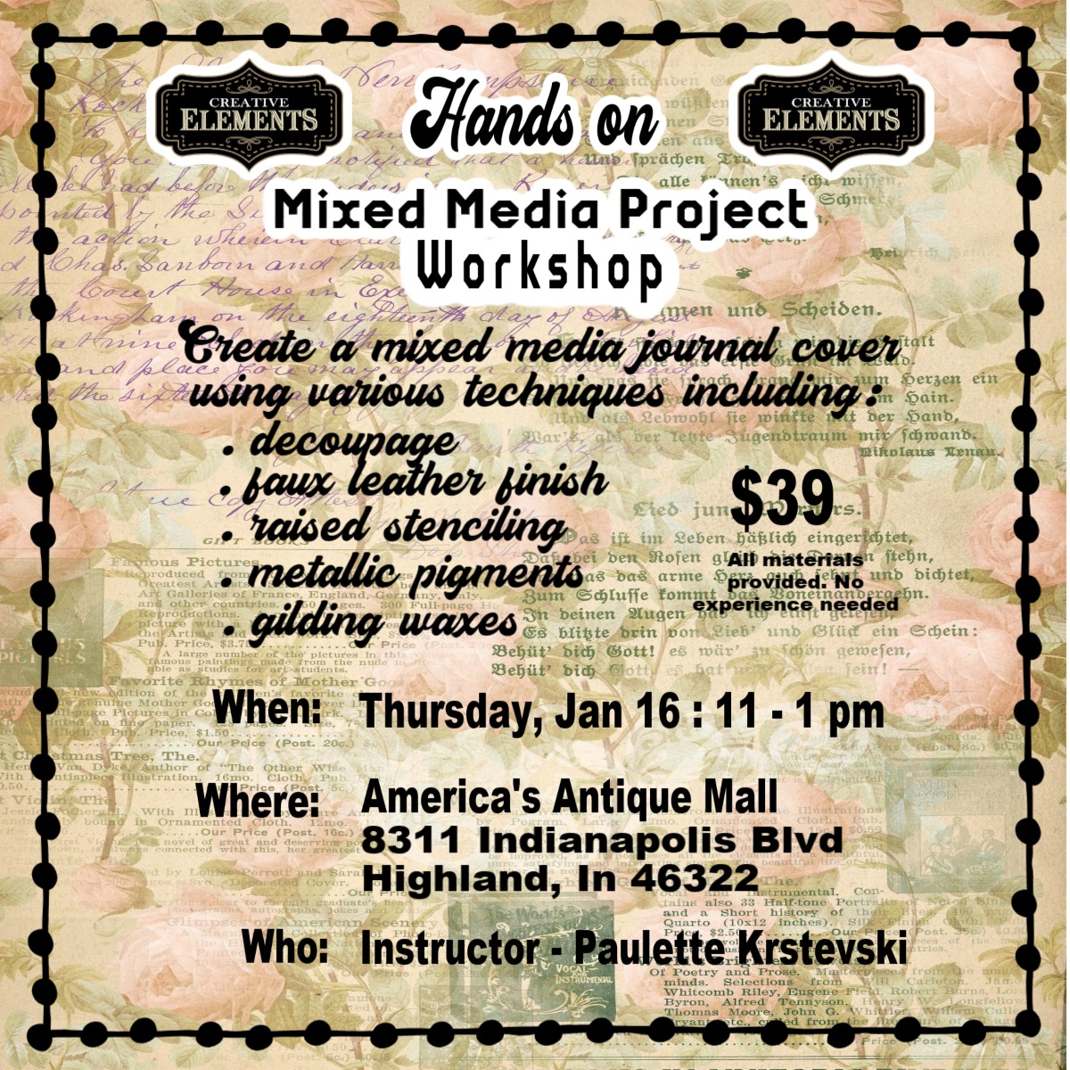 Workshop - In-Person - Mixed Media Journal Cover , Thursday, Jan 16,2025 11-1 PM