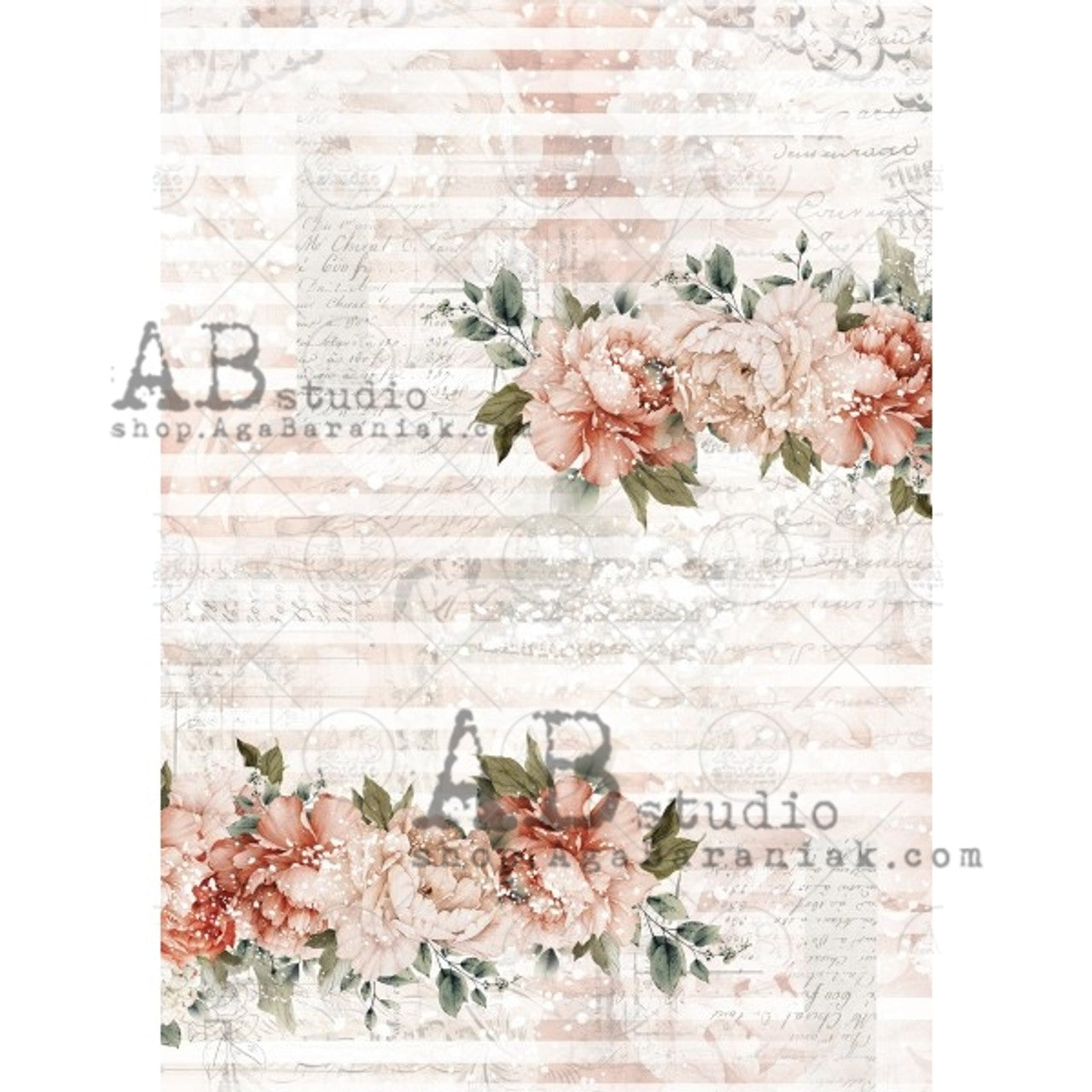 Decoupage Paper - ABstudio - A4 - AB0688 - Coral Roses and Stripes - Rice Paper