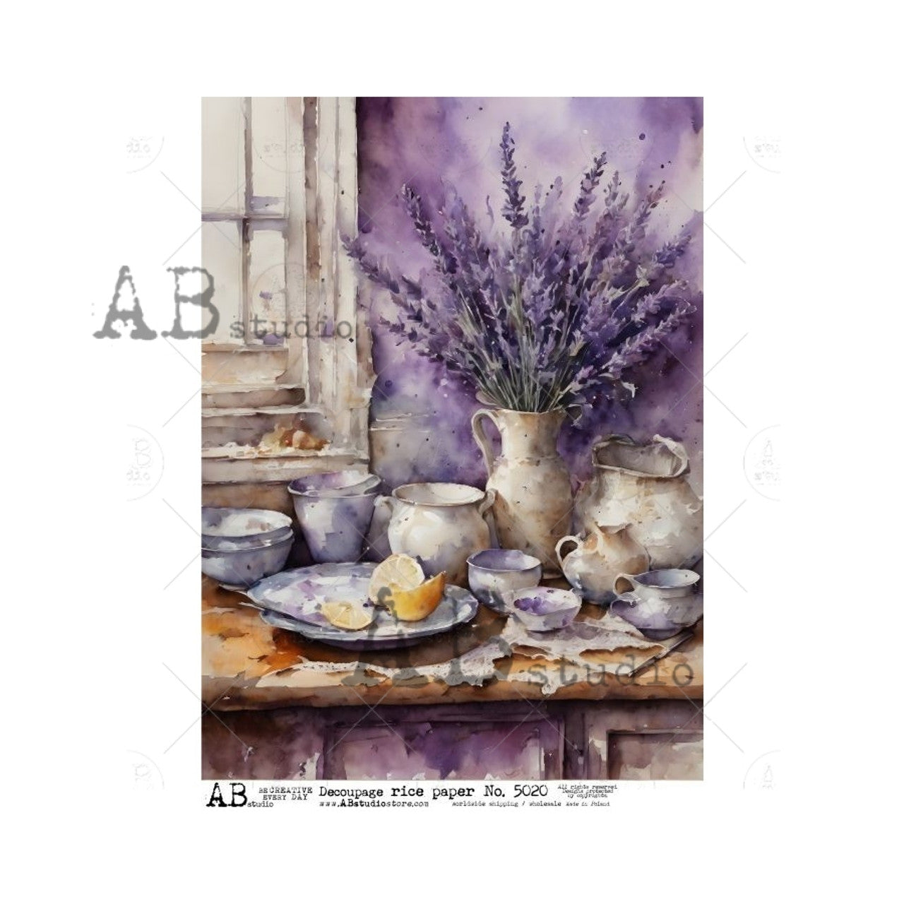 Decoupage Paper - ABstudio - A4 - AB5020 - Watercolor Lavender Table Setting - Rice Paper