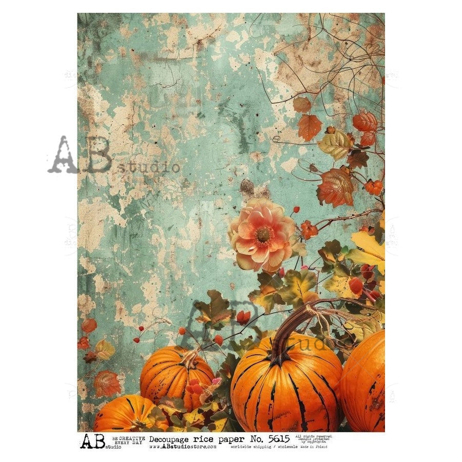 Decoupage Paper - ABstudio - A4 - AB5615 - Fall Pumpkins Aqua Grunge - Rice Paper