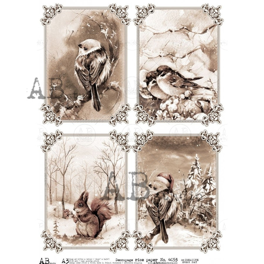 Decoupage Paper - ABstudio - A3 - AB4053 - Sepia Bird Cards - Rice Paper