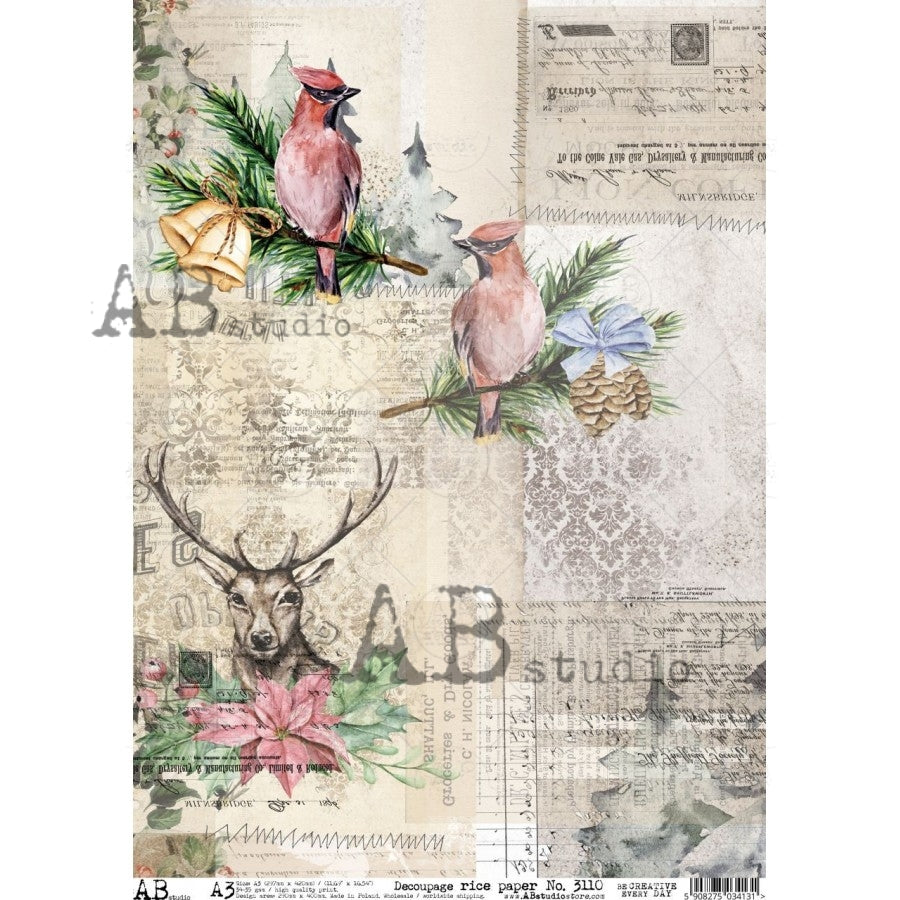 Decoupage Paper - ABstudio - A3 - AB3110 - Deer and Red Birds - Rice Paper