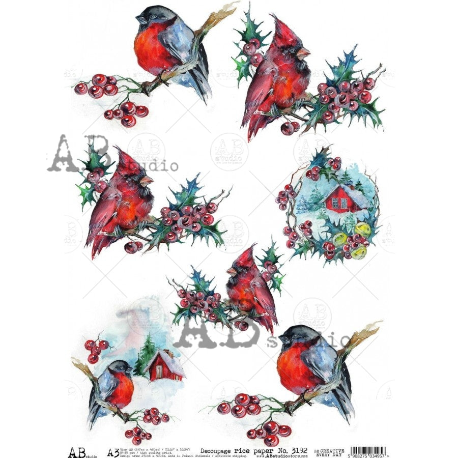 Decoupage Paper - ABstudio - A3 - AB3192 - Cardinals on Holly Branch - Rice Paper