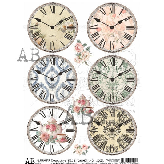 Decoupage Paper - ABstudio - A4 - AB1381 - Decorated Clocks - Rice Paper